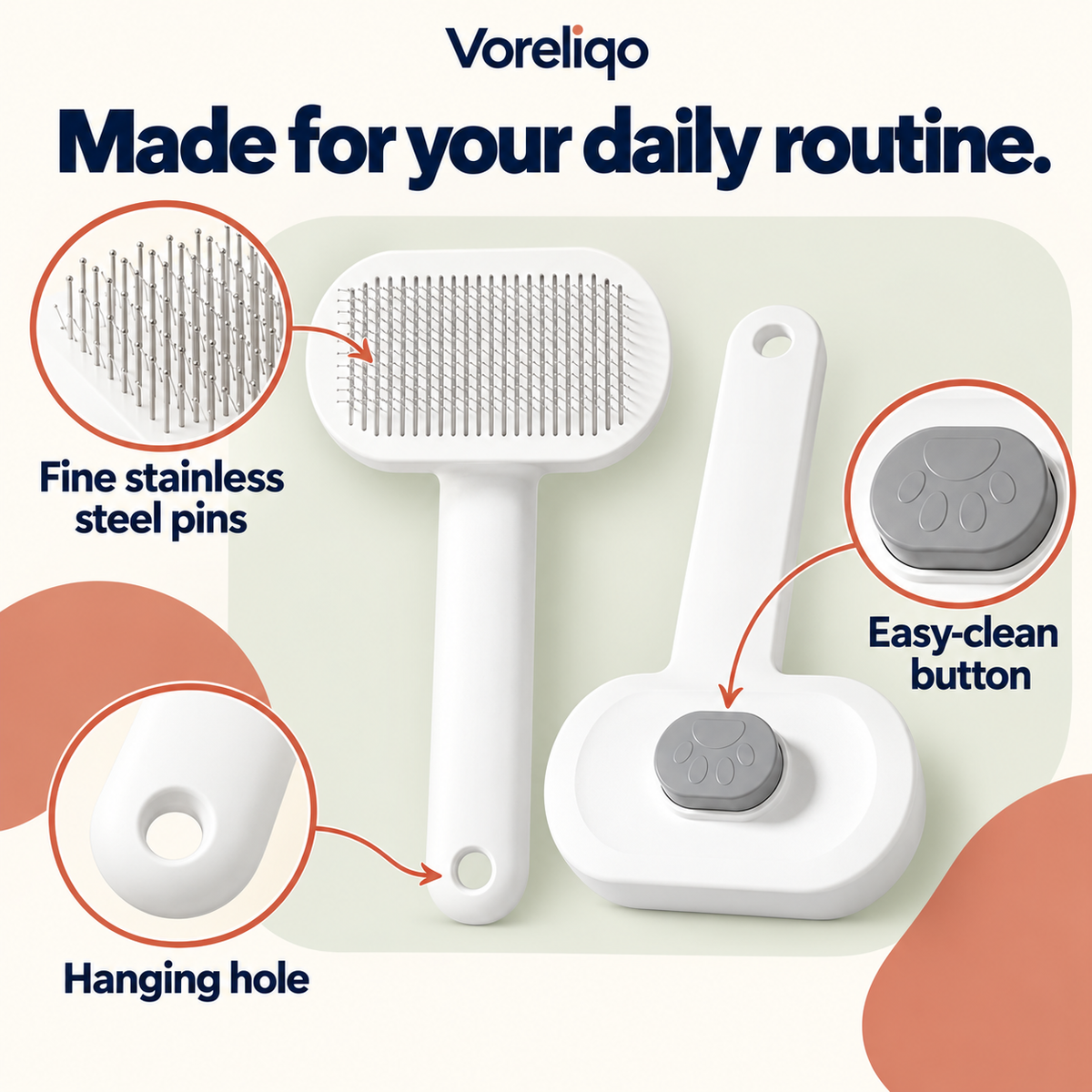 Grooming brush details: rounded pins and comfortable grip