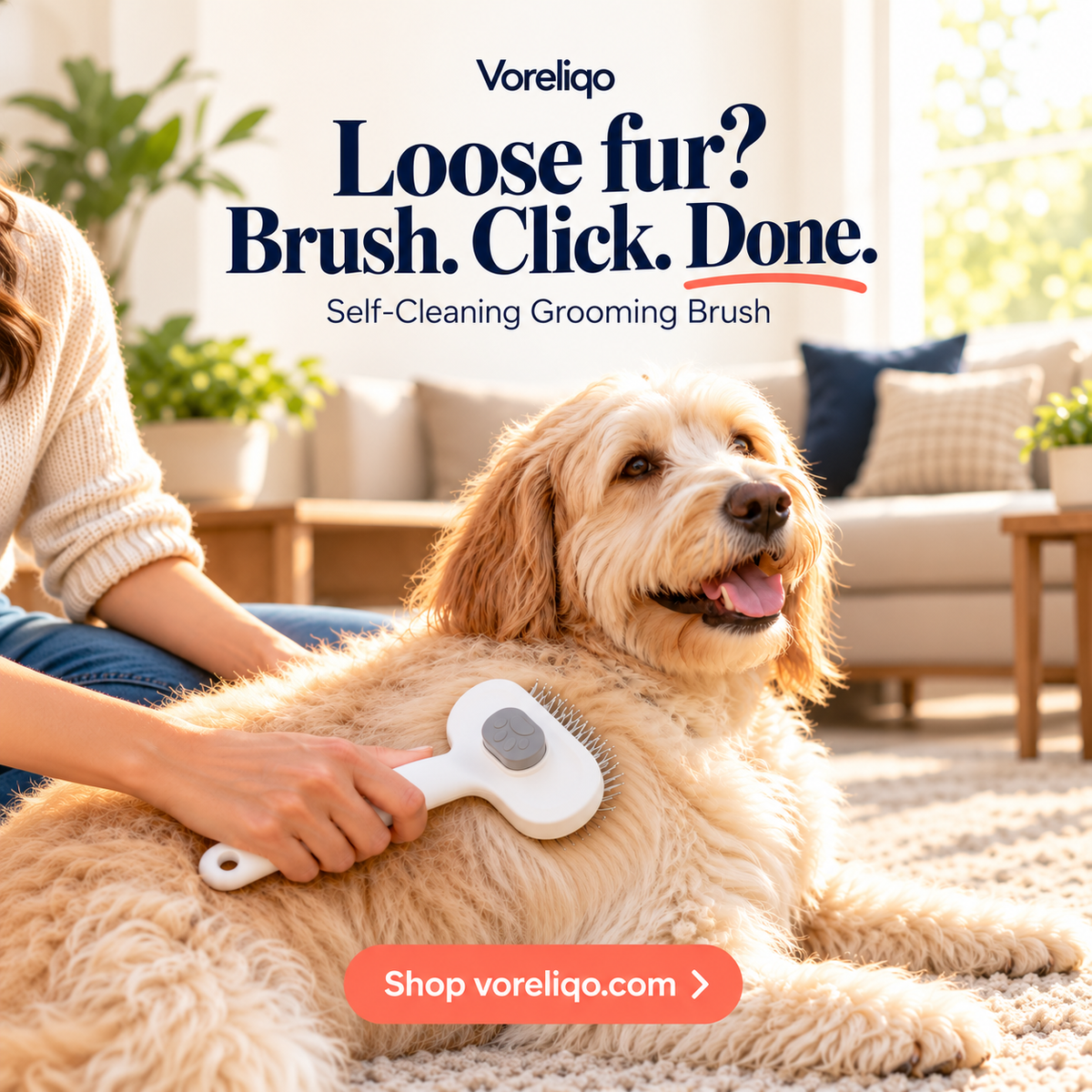 Voreliqo self-cleaning brush with cream dog — designed lifestyle image