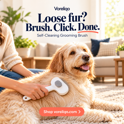 Voreliqo self-cleaning brush with cream dog — designed lifestyle image