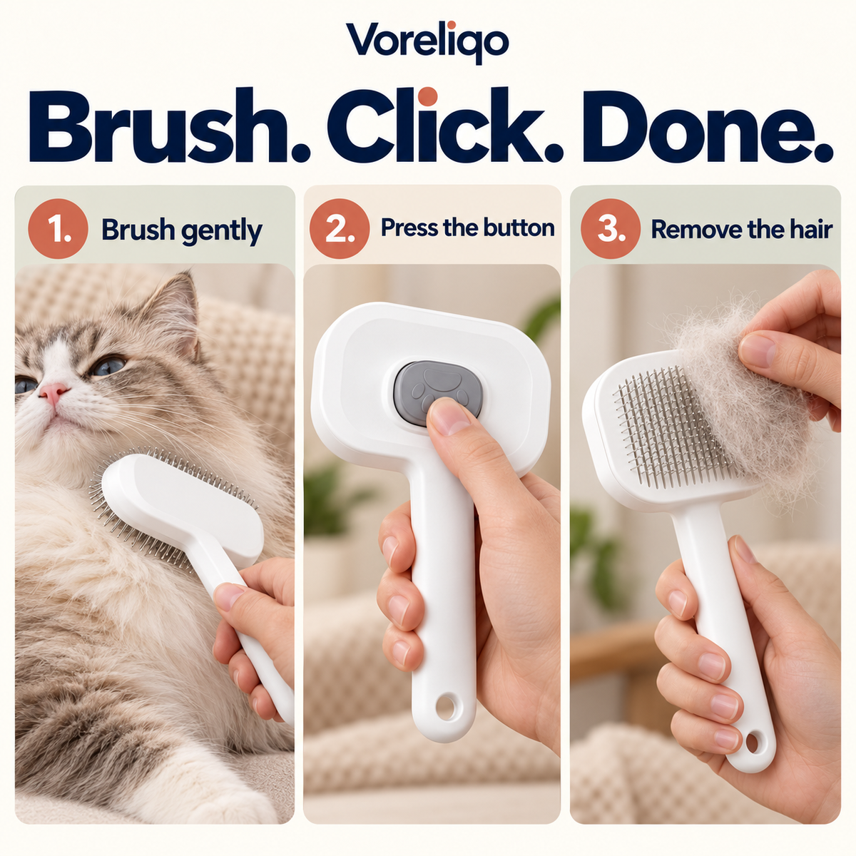 How to use: brush, click to release hair, wipe clean