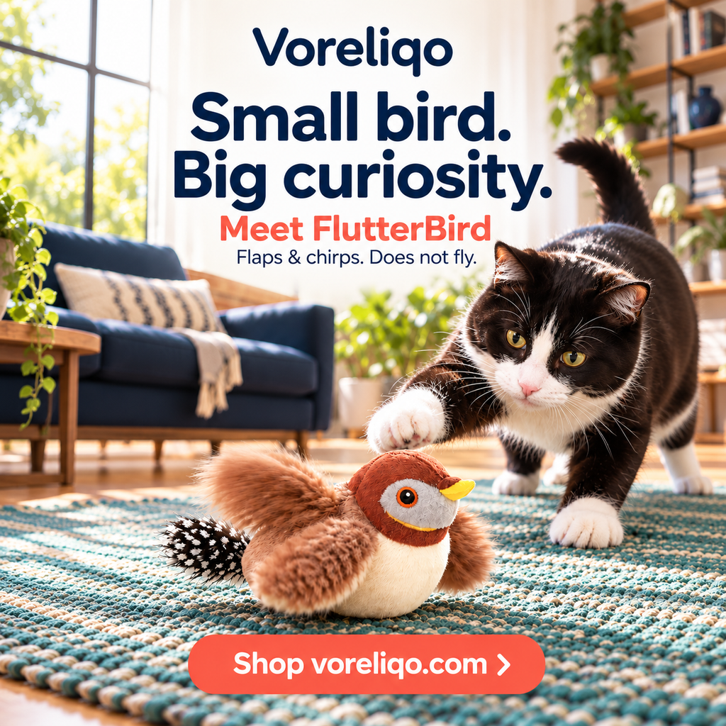 Voreliqo FlutterBird with tuxedo cat — designed lifestyle image