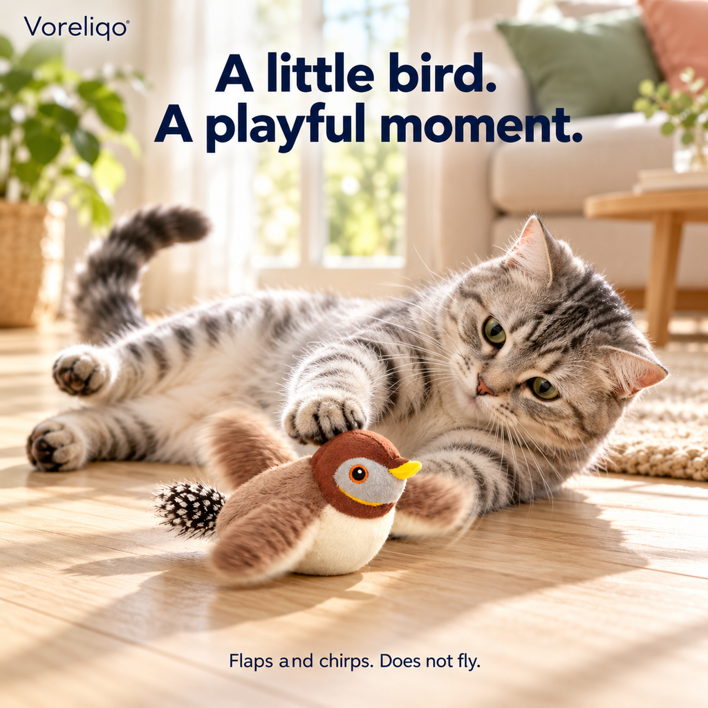 Playful silver tabby lying on its side and batting the grounded FlutterBird toy. Flaps and chirps; does not fly. Designed lifestyle illustration.