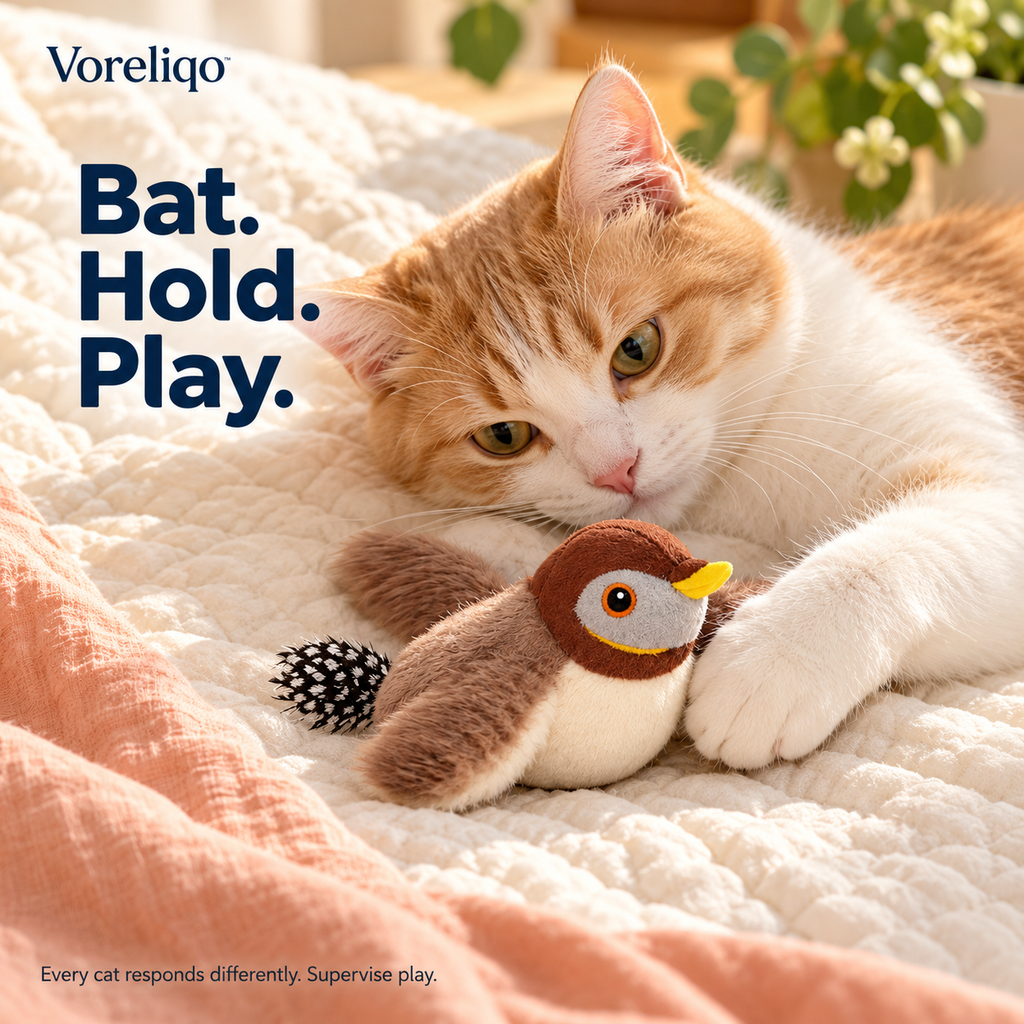 Relaxed ginger-and-white cat loosely holding the brown FlutterBird plush toy between its paws. Supervise play; cats respond differently. Designed lifestyle illustration.