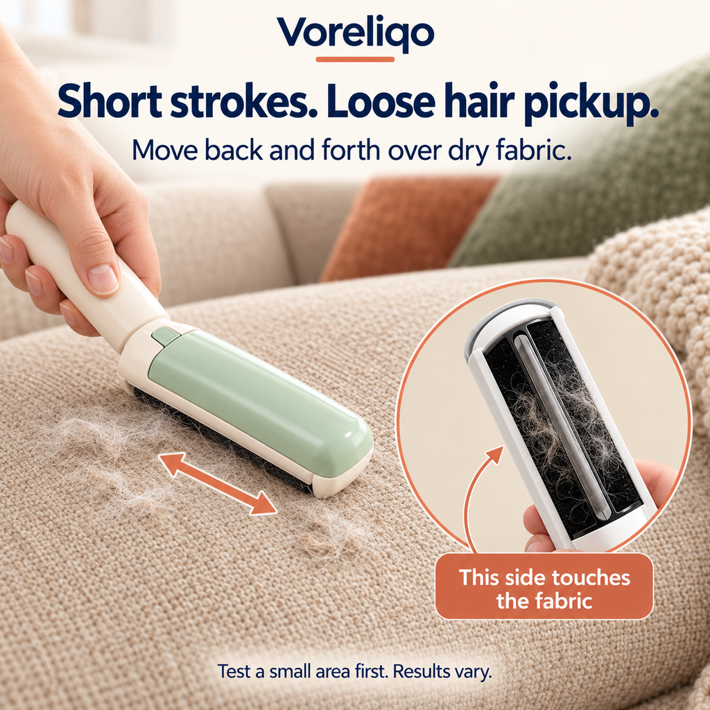 FurLift used in short back-and-forth strokes on dry sofa fabric, with cleaning-face close-up. Designed product illustration.