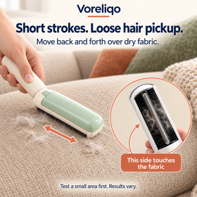 FurLift used in short back-and-forth strokes on dry sofa fabric, with cleaning-face close-up. Designed product illustration.