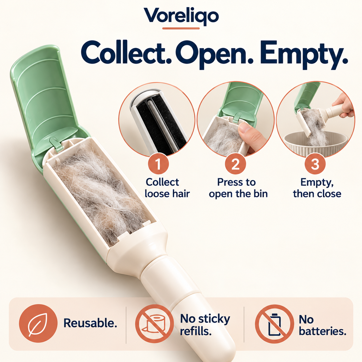 FurLift collection compartment open with instructions to collect hair, open, empty and close. Designed product illustration.