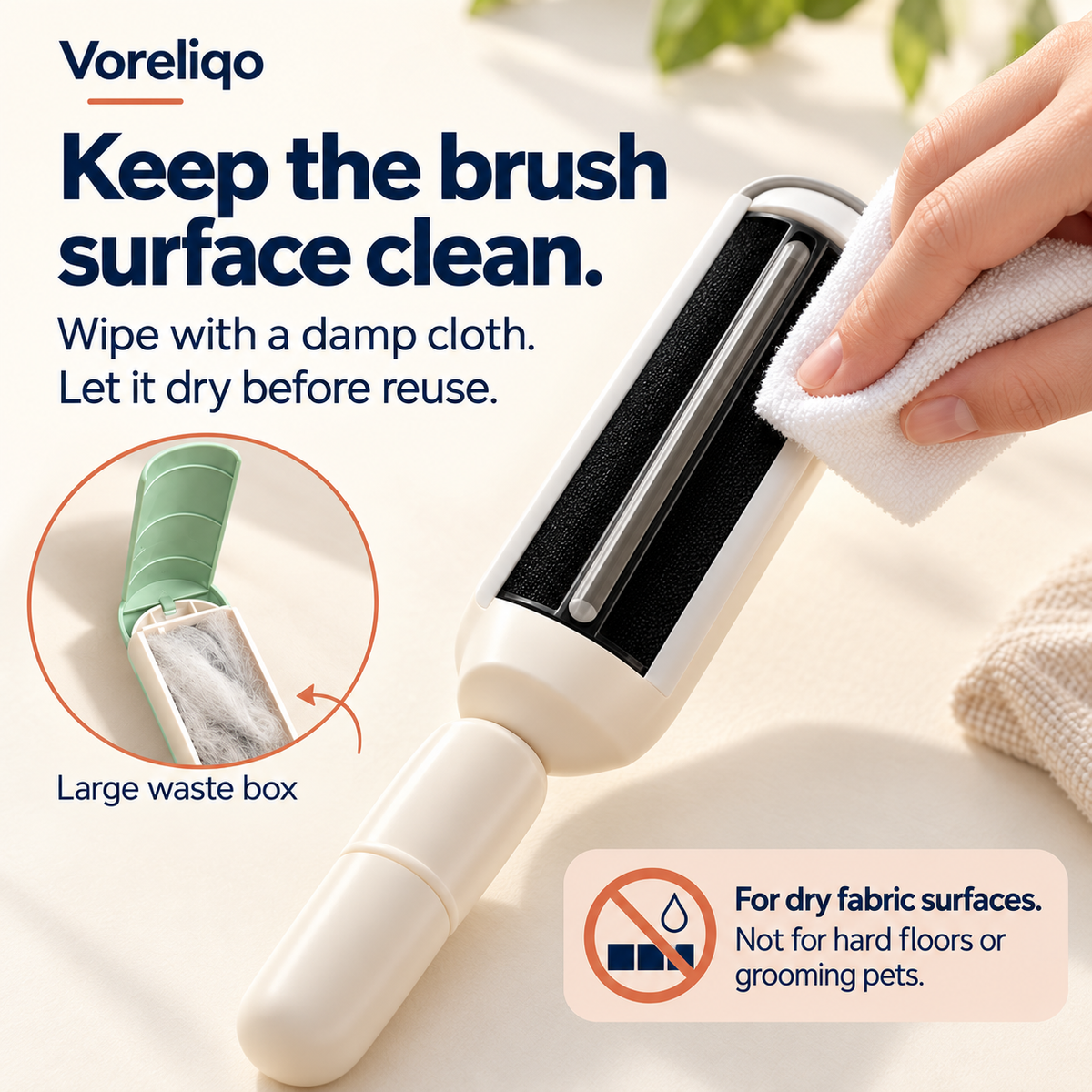 Wipe FurLift black brush surface with a damp cloth and let it dry; for fabric surfaces, not pet grooming. Designed product illustration.