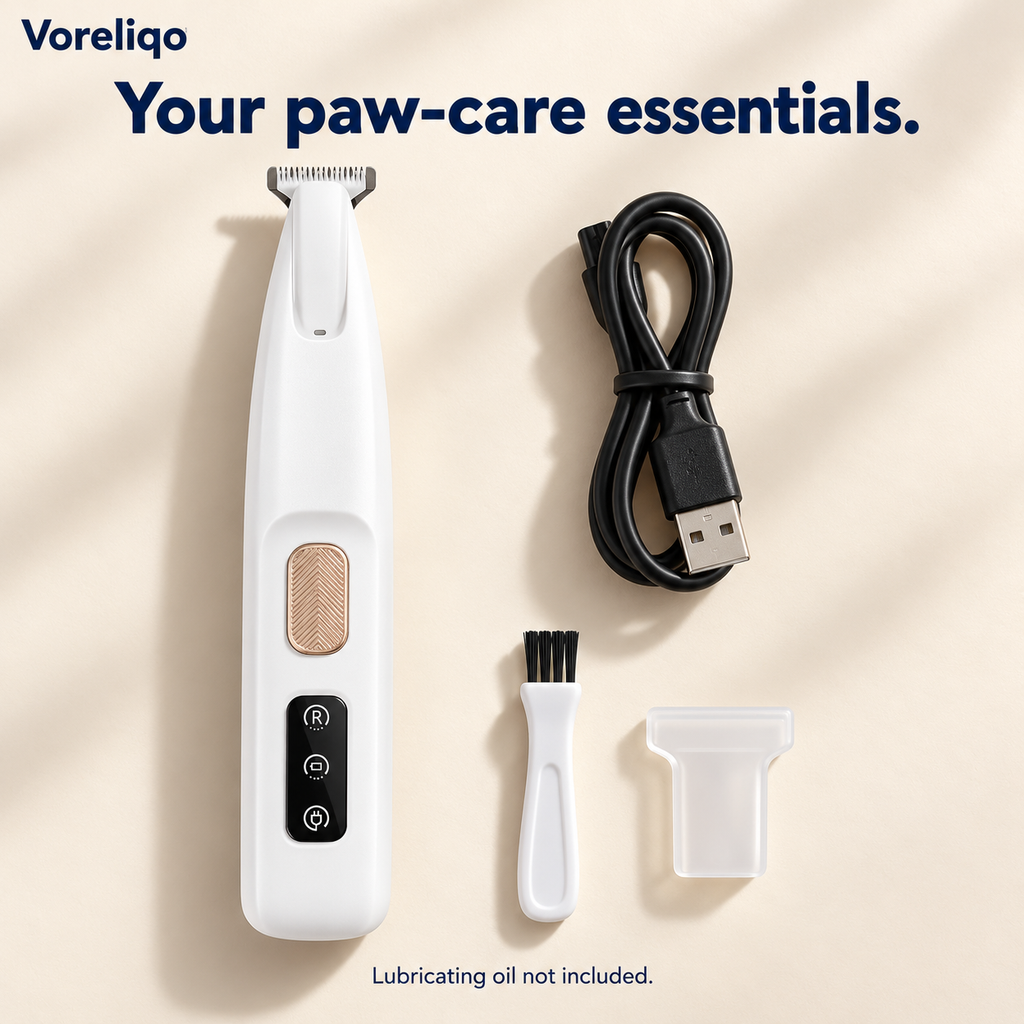 Voreliqo paw trimmer with charging cable, cleaning brush and protective cap; lubricating oil not included