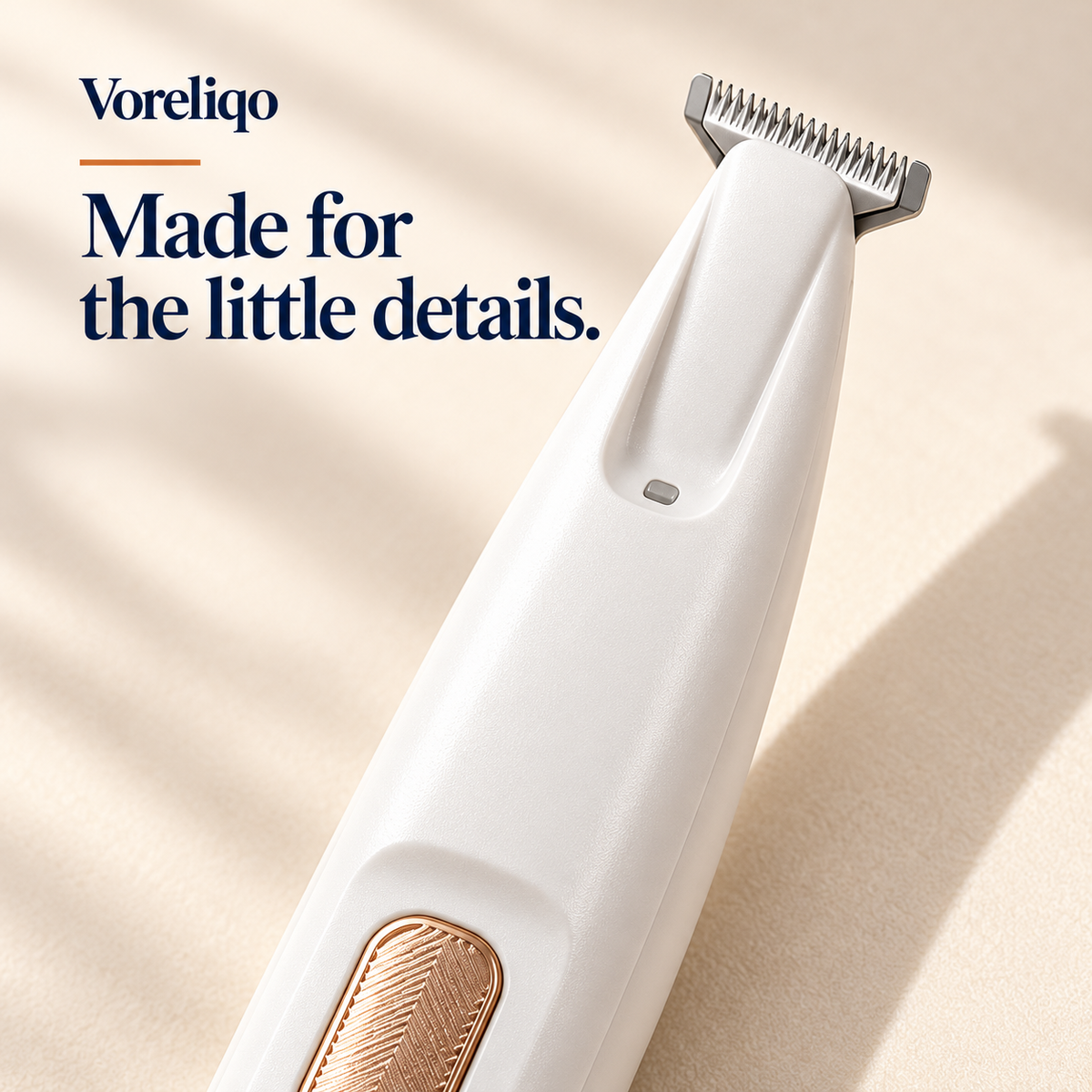 Close-up illustration of the Voreliqo paw trimmer's narrow cutting head and LED window