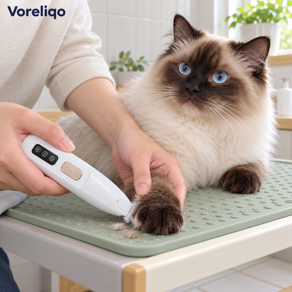 Voreliqo paw trimmer illustrated in use beside a seal-point Ragdoll cat's resting paw