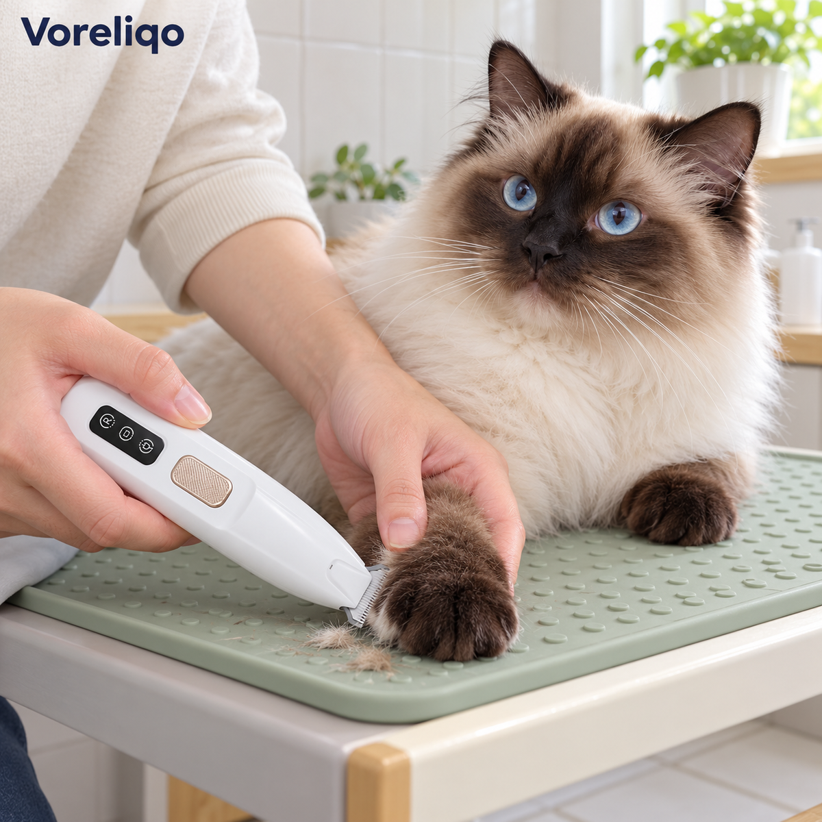 Voreliqo paw trimmer illustrated in use beside a seal-point Ragdoll cat's resting paw