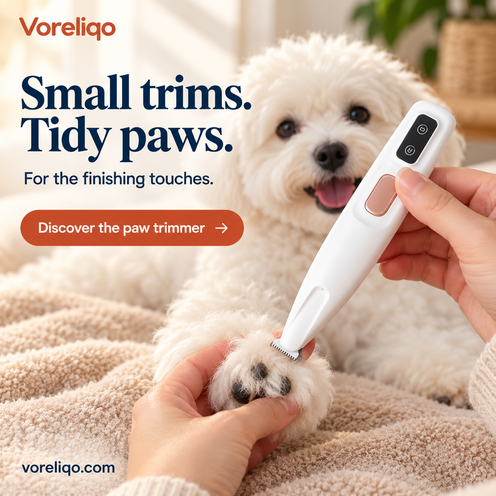 Voreliqo paw trimmer grooming a white dog's paw — Small trims. Tidy paws.